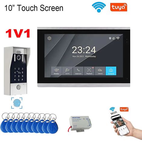 Visiophone Wi-Fi intelligent Tuya 5 en 1 avec déverrouillage par empreinte digitale et moniteur à écran tactile 4 fils,1v1 (1/5)