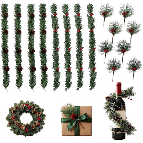 Lot de 16 branches de sapin artificielles miniatures Kit de décoration avec pommes de pin et baies pour boîte cadeau de Noël, couronne, bricolage, arrangements floraux (1/5)