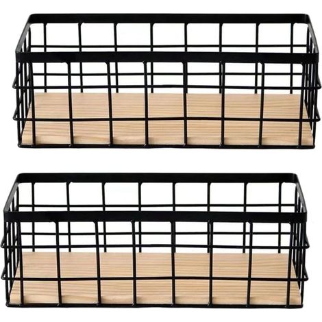 Lot de 2 paniers de rangement en métal avec fond en bois, paniers décoratifs pour le rangement de la maison, panier pour organiser la petite vaisselle (1/5)
