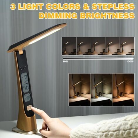 Lampe de bureau rechargeable 1800 mAh, lampe de table 3 couleurs, avec affichage de l'heure, commande tactile, pliable, pour le bureau, la lecture et les études (adaptateur non inclus)