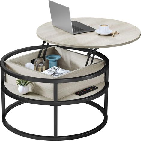 Table Basse avec Plateau relevable, Métal, Bois, Fer, Chêne Blanc, 80x80x47cm (1/5)