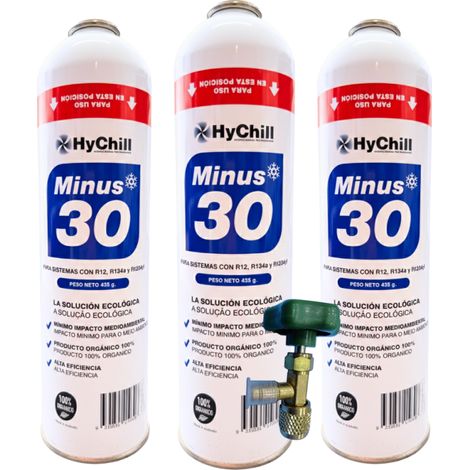 Pack 3 Gas Minus 30 Ecológico 995ml + Llave de Carga  Sustituto R134a R12 R1234yf  1,2kg Refrigerante Orgánico Profesional