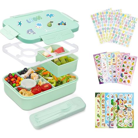 Brotdose Kinder mit 6 Fächern, 1300ML auslaufsicher, Bento Box mit Besteckset & Aufklebern, Grün (1/5)