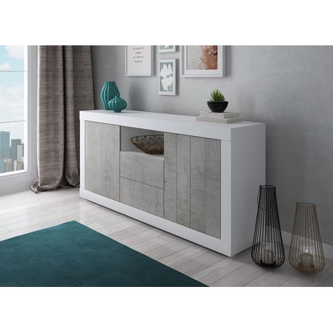 Buffet moderne avec 2 portes, buffet de cuisine, buffet avec étagères, meuble de salon meuble TV, cm 185x44h86, couleur blanc et ciment (1/5)