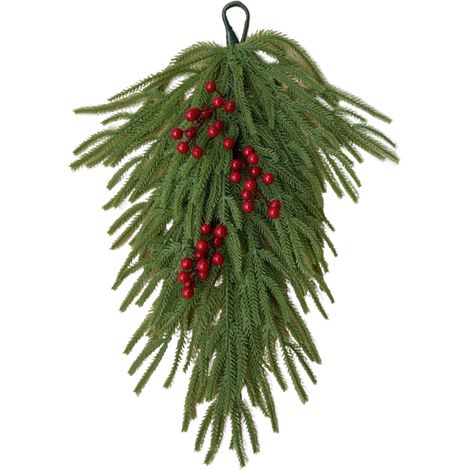 GARRYFIZH Sapin de Noël mural en caoutchouc souple imitant des aiguilles de pin de Norfolk (sapin de Norfolk à l'envers, avec des baies rouges, 60 cm)
