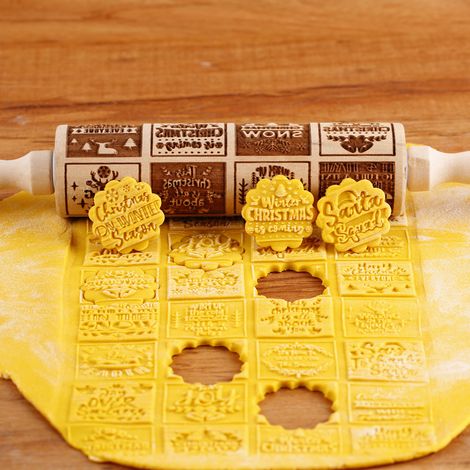 Rouleau à pâtisserie en bois 35cm pour Noël, outil de cuisson avec gravure profonde Père Noël, élan, bottes, tampon à biscuits (1/5)