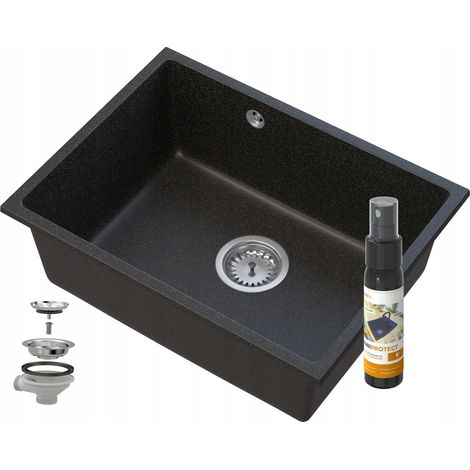 Évier de cuisine en granit Manado 53.5 × 40 cm sous plan noir avec distributeur et siphon (1/5)
