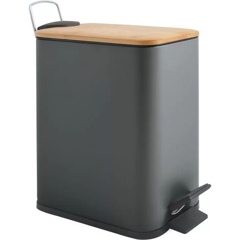 Spirella – Poubelle de salle de bain à pédale 5L – Acier et bambou – Gris foncé mat – Mécanisme Easy-Close silencieux