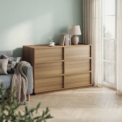 Cómoda de 6 cajones - 115 x 48 x 78 cm - Práctica cómoda y mueble de almacenamiento con diseño de tocador para dormitorio y salón - Color roble (1/5)