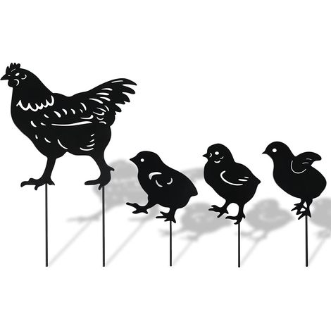 Lot de 4 piquets en métal pou Jadin - Sculptue de Poule en Fome de Poule - Statue en métal en Fome de Poule - Silhouette de Jadin (Noi)