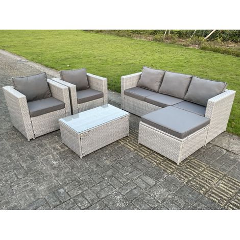 Fimous Light Grey Lounge Outdoor PE Rattan Garden Furniture Set Wicker Sofa Set Oblong Coffee Table With 2 Armchair (1/5)