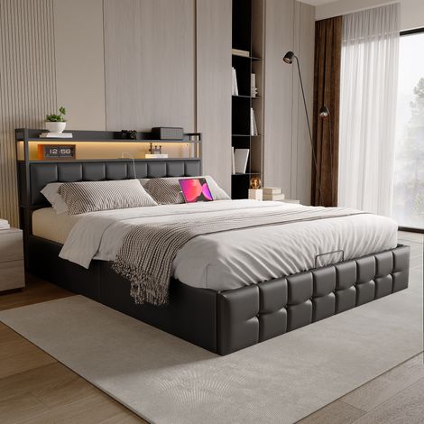 Lit en cuir noir avec barre de pression LED, rangement sac souple, chargeur norme européenne 160200CM, tête de lit avec bande lumineuse et prise. (1/5)