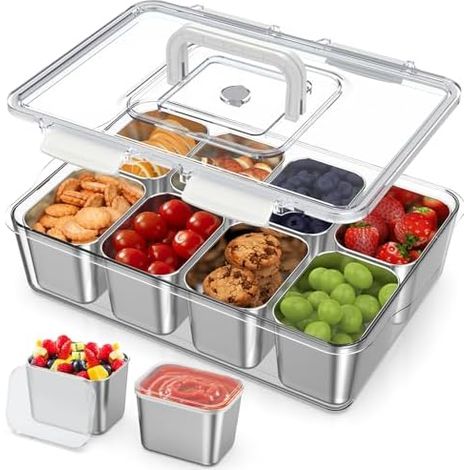 Snackbox mit 8 Edelstahl Fächern, Snackteller mit Griff und 8 Einzelnen Deckeln, Verhindert Geruchsübertragung Ldeal, Leicht zu Reinigen für Verschiedene Früchte und Snacks Sowie Gewürze