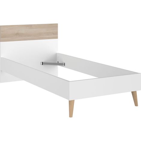 Lit 90x190 cadre blanc et tête de lit avec bandeau finition aspect bois - BORGALL (1/4)