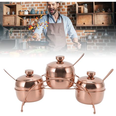 Gewürzset aus Edelstahl: Salz, Pfeffer und Zucker, mit Deckel und Löffel. Gewürzgläser mit Aufbewahrungsständer, roségoldfarben. (1/5)