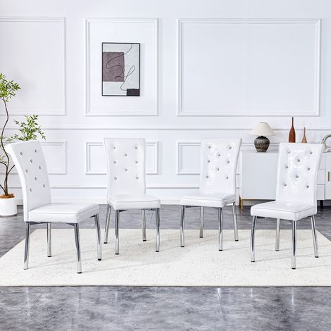 Lote de 4 sillas de comedor, en PVC y metal, con respaldo tapizado y patas metálicas, blanco (1/5)