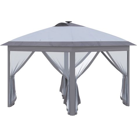 Pavillon 3,3X3,3M Faltpavillon Led Usb Pop-Up Mesh-Seitenwände Sonnenschutz Tasche Oxford Grau