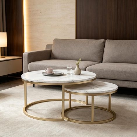 Runder Couchtisch mit Eleganter Gestellstruktur,Teeschreibtisch,Nesting-Tisch mit Stilvoller Form,Perfekt als Beistelltisch, Ablage oder Deko-Element im Wohnbereich(nur mit 2pcs Couchtische) (1/5)