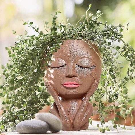 Pot de fleurs en forme de tête, pot de fleurs pour plantes succulentes, joli pot de fleurs en résine pour cactus avec trou de drainage (plantes non incluses). (1/5)