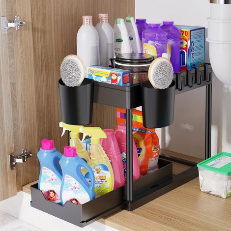 1 Organiseur Coulissant 2 Niveaux, Rangement Sous Évier, Panier Multifonction ABS, Pour Cuisine Salle De Bain