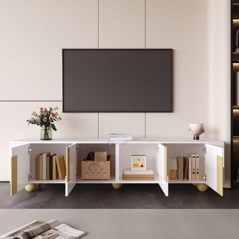 Mueble TV patas madera redondas diseño elegante superficie efecto mármol MDF y aglomerado 180x40x44 cm color blanco+madera (1/5)