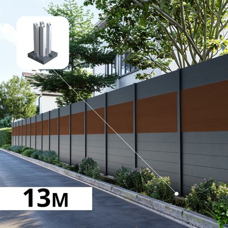 Kit Clôture Aluminium BAHIA & CRUZ ipé 12,85x1,8m - Bois Composite & Aluminium - Poteaux Gris - Brise Vue - Palissade