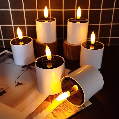 Lot de 6 bougies solaires LED d'extérieur étanches avec capteur de lumière du crépuscule à l'aube,vacillantes pour terrasse, jardin, camping, décoration de chambre (1/5)