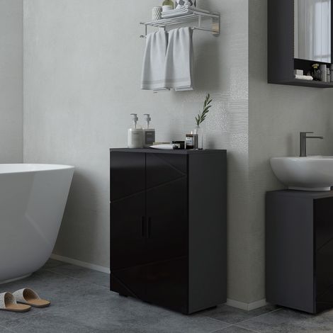 Armoire de toilette 2 portes en bois avec 3 tablettes, fermeture amortie, 60 x 30 x 82 cm, laqué noir brillant (1/5)