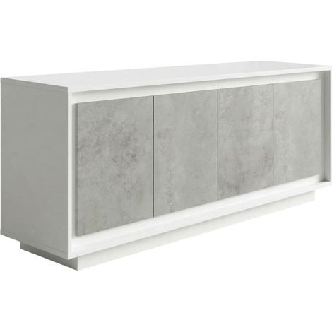 Buffet 4 portes blanc laqué façades aspect ciment piètement socle - AZONTO