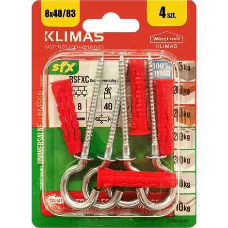 Chevilles Universelles Klimas 8 x 83 Avec Crochet Demi-Rond, Blister De 4