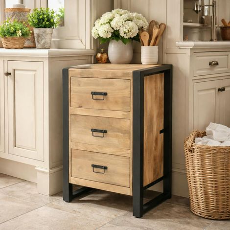 Petit meuble de rangement 3 tiroirs bois clair métal noir MILORA