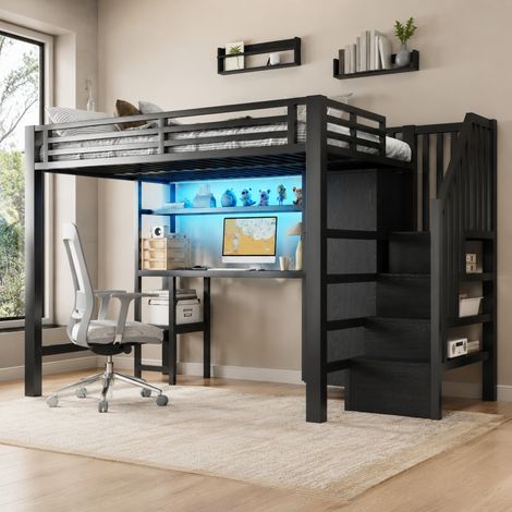 Metall-Hochbett 140x200 cm Schwarz aus MDF und Metall mit Schreibtisch, Regal, Kleiderschrank und LED-Licht (1/5)
