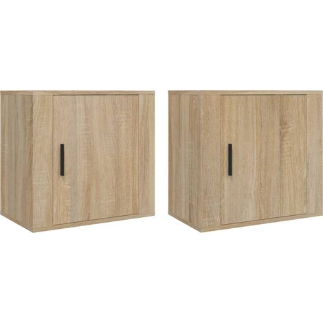Set 2 comodini da parete con vano e anta 50 x 30 x 47 cm in legno ingegnerizzato color rovere DEC036074