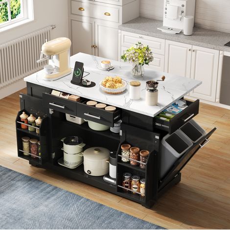 Isla de cocina FloraGrace de 138 x 86 x 92 cm, negra, con almacenaje (1/5)