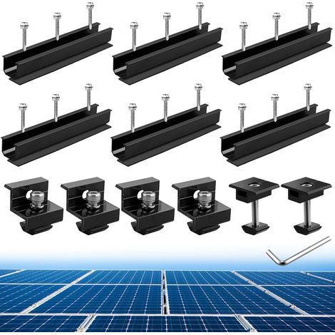 Kit supports panneau solaire 6 rails courts aluminium 200mm + 4 pinces d'extrémité Z + 2 pinces centrales, compatible modules 30mm et 35mm épaisseur.