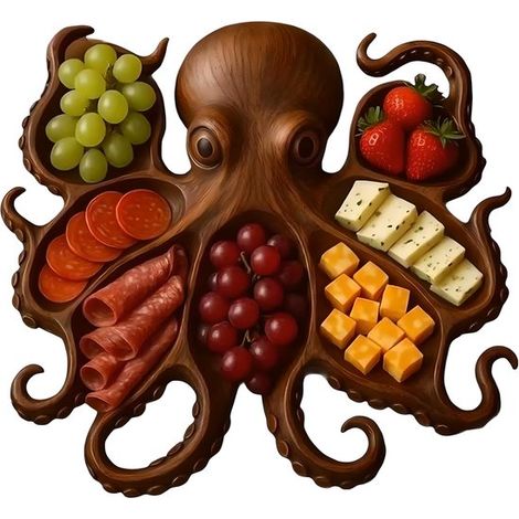 Tabla de frutas，Tabla de embutidos con forma de pulpo，Tabla de pan y frutas con temática marina，Diseño único de Kraken en madera (1/5)