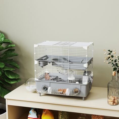 Zweistöckiger Hamsterkäfig mit drei Türen, Laufrad, Katzentoilette und Spielröhren, aus Stahl, PS und PP, 44,5 x 28 x 44 cm, grau-weiß