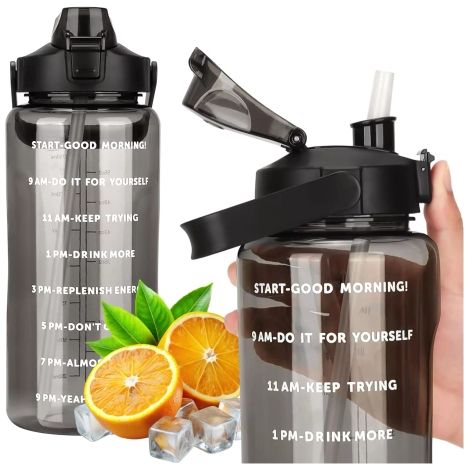 Botella grande Alogy MotivHydro para bebidas, vaso medidor motivacional de 2 l (2000 ml), color negro. (1/4)