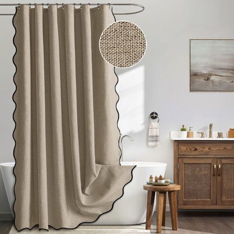 Rideau de douche en forme d'éventail, aspect lin, avec crochets, pour une salle de bain propre et sèche - 1 pièce, marron, 90 x 180 cm
