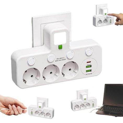 Multiprise Murale Française 3 Sortie,Multipriseavec USB,Prise Multiple avec Interrupteur Individuel,multiprise avec Interrupteur,Multiprisesans Fil avec veilleuse multifonctionnelle (1/5)