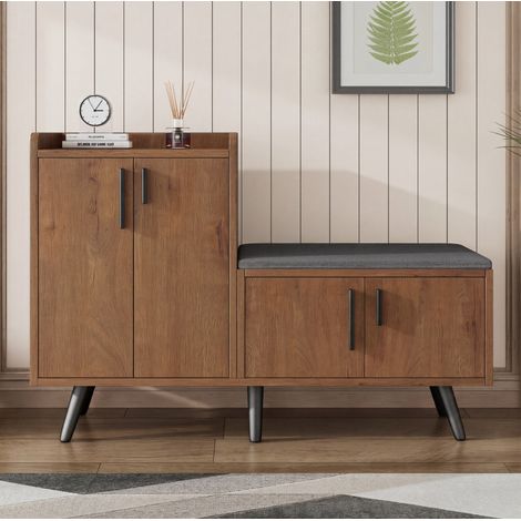 Zapatero 120x34x82,8 cm con 4 puertas y asiento acolchado, estructura estable en madera natural (1/5)