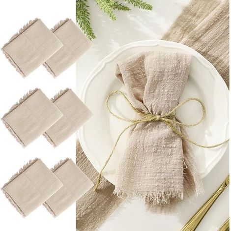 LALAGO 6pcs Serviettes de Table en Tissu 45x45cm, Serviette Tissu avec Franges, Serviettes de Table en Lin Lavable et Réutilisable pour Mariage, Hôtels, Restaurants, Evénements et Fêtes Beige