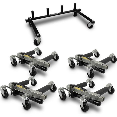 BITUXX 4 Stück PKW Rangierhilfe Rangierheber hydraulisch Wagenheber Auto Rangierroller Rangierheber belastbar bis 680 kg pro Rangierroller inklusive Transportständer (1/5)