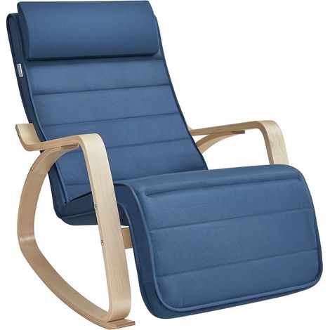 Songmics – Fauteuil à bascule en bois de bouleau – Repose-pieds réglable 5 positions – Capacité 150 kg – Dimensions 125x67x91 cm – Couleur bleu minuit (1/5)