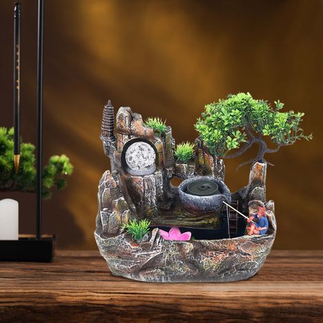 Fontaine de table en résine avec LED, 30x18x26cm fontaine à plusieurs niveaux pour plan de travail, fontaine décorative en cascade (1/5)