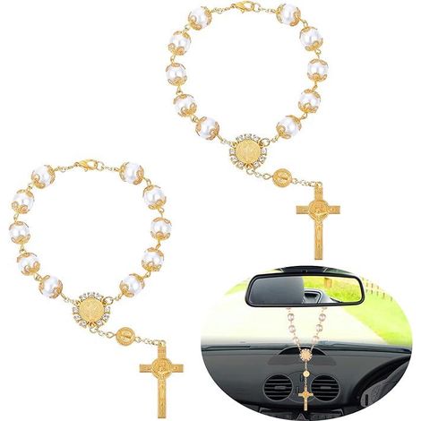 Chapelet Voiture Rétroviseur. Lot de 2 Croix Suspendue Miroir Auto Pendentif Accessoire Intérieur Déco pour Femme Homme (Or) (1/5)