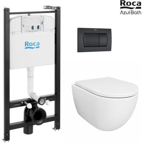 Pack Bastidor ROCA Active Cisterna Empotrada y Pulsador PVC Negro Mate + Inodoro Suspendido SWISS 53 cm Tornado y Soft-Close