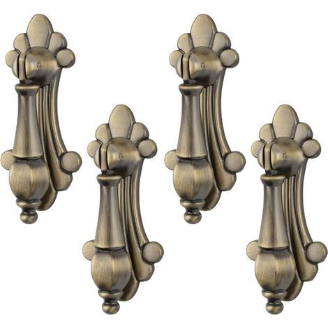Set aus 4 einlochigen, geschnitzten Hängegriffen im Vintage-Stil aus bronzefarbener Zinklegierung für Schränke, Kommoden, Schubladen, Türen und dekorative Möbel. (1/4)