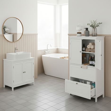Meuble de Salle de Bain, avec 2 Portes et 2 Tiroirs, Étagères Réglables, 30 x 60 x 110 cm, Blanc (1/5)