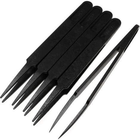 Ein Set aus 5 multifunktionalen Präzisionspinzetten aus antistatischem Kunststoff mit feinen Spitzen, geeignet für Elektronikprodukte, Schmuck und Laborarbeiten.